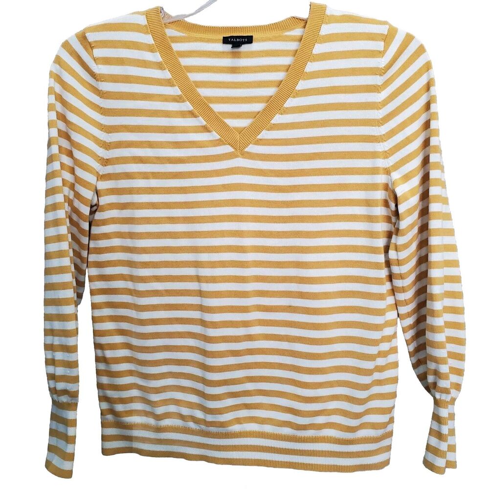 Talbots Cotton Yellow Striped V-Neck Pullover Tennis Sweater Size Large Preppy